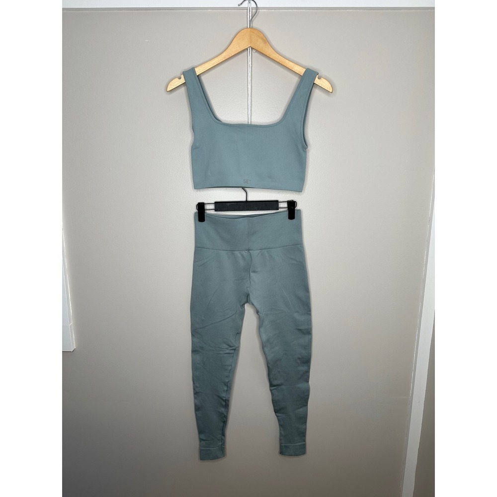 SET Active Ribbed Crop Tank Bra Top & Leggings Set Blue Gray Women's Size L‎